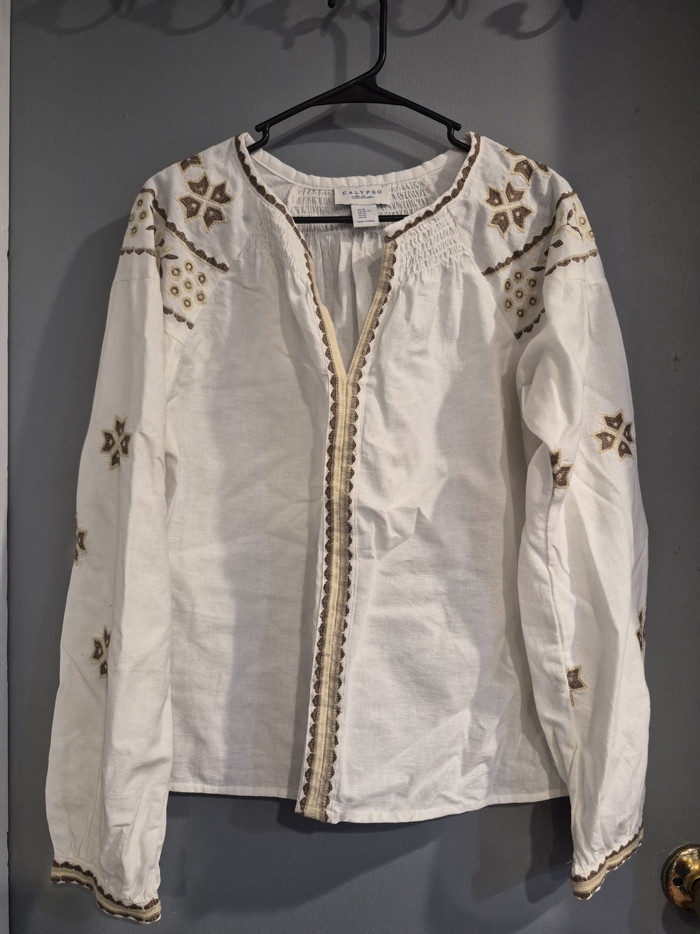 Calypso St Barth Embroidered Boho Peasant Blouse Ivory Linen Cotton Top XL - Picture 1 of 9